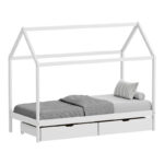 Детски кревет Мелин тип Монтесори со 2 фиоки од борово дрво во бела нијанса 90x190 см