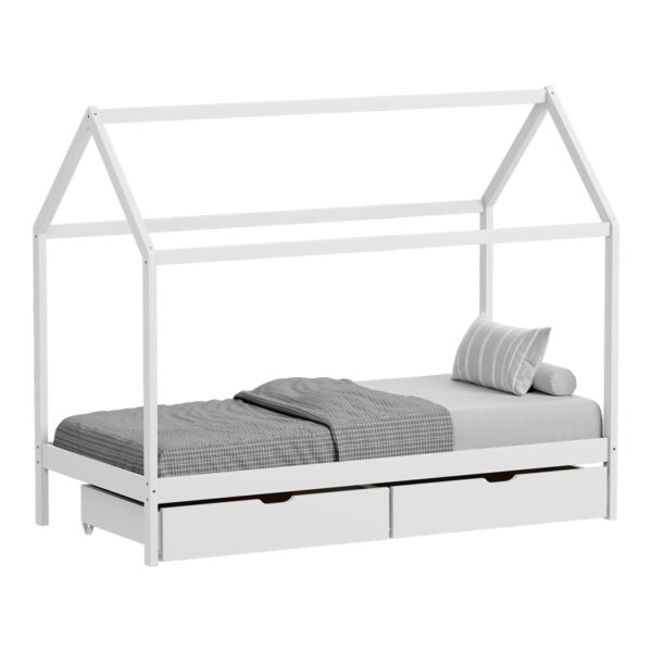 Детски кревет Мелин тип Монтесори со 2 фиоки од борово дрво во бела нијанса 90x190 см