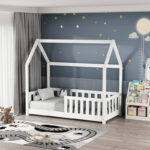 Bambie children's bed with railing Montessori type pine wood in white shade 70x140cm - Слика 2