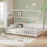 Montessori-style Callan children's bed with rails pine wood in white color 90x190cm - Image 2