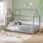 Montessori-style Callan children's bed with rails pine wood in grey color 90x190cm - Image 2