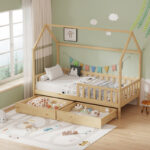 Montessori style Piccolo children's bed with 2 drawers natural shade pine wood 90x190cm - Слика 2