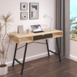 Office desk Yamin in oak color with black metal legs 120x48x76cm - Слика 2