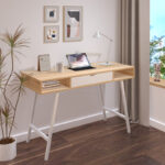 Office desk Yamin in oak color with white metal legs 120x48x76cm - Слика 2