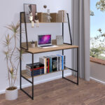 Office desk with shelf Herbey in oak color with black metal leg 100x48x139cm - Image 2