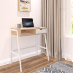 Office desk with shelf and drawer Rezio in oak-white color with black metal leg 75x45x76cm - Image 2