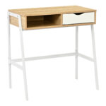 Office desk with shelf and drawer Rezio in oak-white color with black metal leg 75x45x76cm