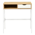 Office desk with shelf and drawer Rezio in oak-white color with black metal leg 75x45x76cm - Image 4