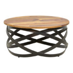 Маса Монар, од цврсто шишам дрво во боја на орев со црни метални ногарки, Φ60x30 см