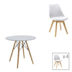Julita-Gaston dining table set of 5 MDF and beech wood in white-natural shade D80x73cm