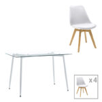 Quana-Gaston dining table set of 5 pieces glass 8mm transparent - white 120x70x75cm
