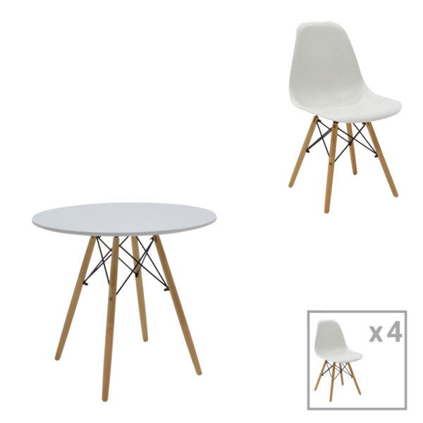 Julita dining table set of 5 MDF and beech wood in white-natural shade D80x73cm
