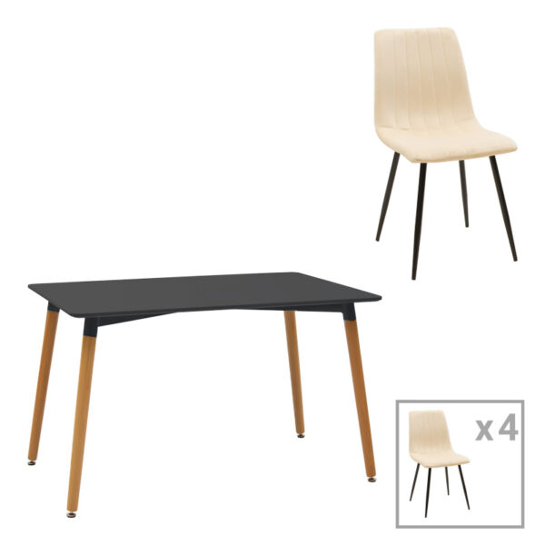 Dining table Natali-Noor set of 5 pcs MDF white-beige-black 120x80x76cm