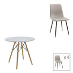 Dining table Julita-Noor set of 5 pcs MDF white-grey-natural legs D80x76cm
