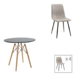 Трпезариска маса Julita-Noor сет од 5 парчиња MDF црно-сиво-природни ногарки D80x76cm