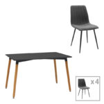 Dining table Natali-Noor set of 5 pcs MDF black-dark grey-natural legs 120x80x76cm
