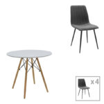 Трпезариска маса Julita-Noor сет од 5 парчиња MDF бела-темно сива-природни ногарки D80x73 см