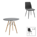 Трпезариска маса Julita-Noor сет од 5 парчиња MDF црна-темно сива-природни ногарки D80x73 см