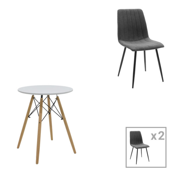 Dining table Julita-Noor set of 3 pcs MDF white-dark grey-natural legs D60x73cm