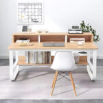 Студиска маса Evrepy MDF во дабова боја и бели метални ногарки 100x60x73 см