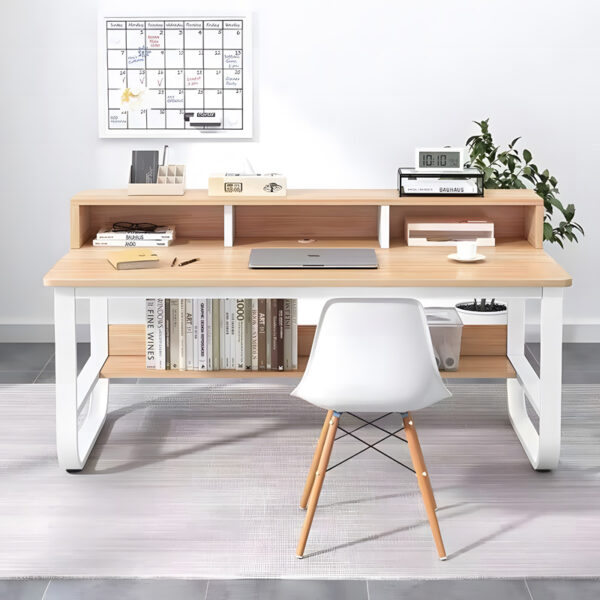 Студиска маса Evrepy MDF во дабова боја и бели метални ногарки 100x60x73 см