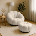 Nester swivel armchair with stool boucle fabric in beige color 98x97x69cm