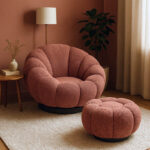 Nester swivel armchair with stool boucle fabric in rotten apple color 98x97x69cm