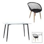 Quana-Ezra dining table set of 5 pieces glass 8mm transparent - black leg 120x70x75cm