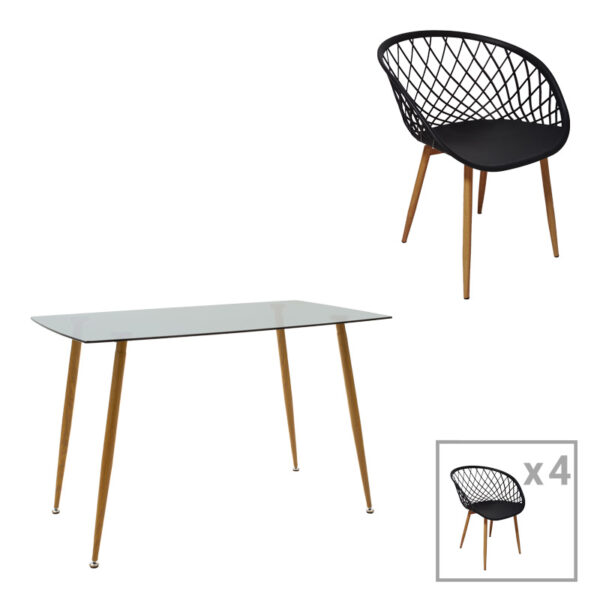 Chloe-Ezra dining table set of 5 pieces, 8mm anthracite glass - natural leg 120x70x75cm