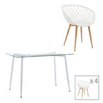Quana-Ezra dining table set of 5 pieces glass 8mm transparent - white leg 120x70x75cm
