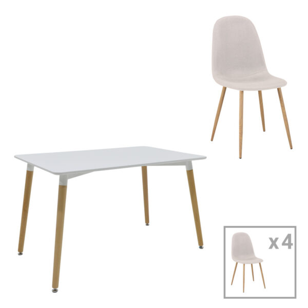 Bella-Natali dining table set of 5 pcs MDF white-natural legs 120x80x76cm