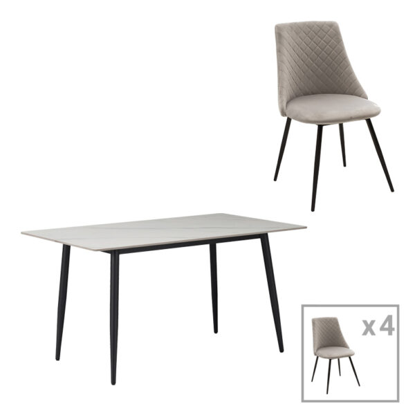 Gustas-Giselle dining table set of 5 white marble sintered stone-black metal 120x80x75cm