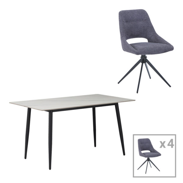 Dining table Gustas-Giselle set of 5 pcs white marble-gray velvet 120x80x76cm