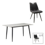 Gustas-Nely dining set 5pcs white marble sintered stone-black metal 120x60x75cm