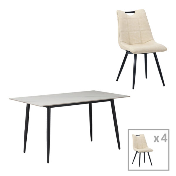 Gustas-Nely dining table set of 5 white marble sintered stone-black metal 120x60x75cm