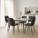 Трпезариски сет Gustas-Fersity 5 парчиња бел мермерен синтеруван камен-антрацит ткаенина 120x60x75 см