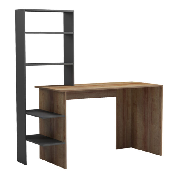 Bivoro work desk with shelf in oak-gray shade 146x55x129cm