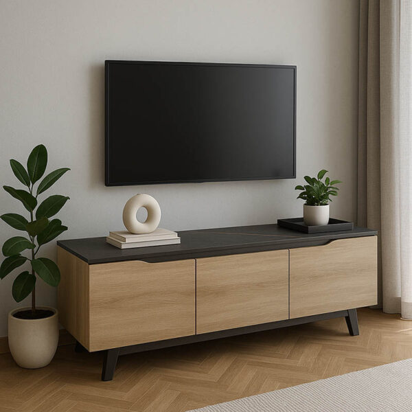 Kasandra TV cabinet in black marble-sonoma shade 180x35x48.5cm