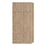 Four-leaf wardrobe with loft Zelia with 2 drawers in oak 120x42x240cm