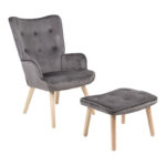 Armchair with footstool Melisia velvet grey-natural color wooden leg 59x67x94cm