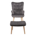 Armchair with footstool Melisia velvet grey-natural color wooden leg 59x67x94cm - Image 4