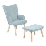 Фотелја со табуретка Мелисија во боја на ментол зелена ткаенина - дрвена ногарка во природна боја 59x67x94 см