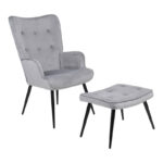 Фотелја со табуретка Siella сива кадифена и црна метална ногарка 59x67x94 см