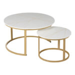 Coffee tables Solme I 2pcs in white marble color with gold metal legs - Image 2