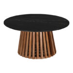 Coffee table Mable solid acacia wood in natural color and black marble top D100x45cm