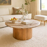 Coffee table Sergy solid acacia wood in natural color and marble top D90x40cm