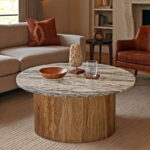 Coffee table Sergy solid acacia wood in natural color and marble top D70x35cm