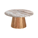 Coffee table Ezerdian solid acacia wood in natural color and marble table top D90x45cm - Image 2