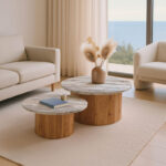 Масичка за кафе Sergy сет 2 парчиња од цврсто акација во природна боја и мермерен плот