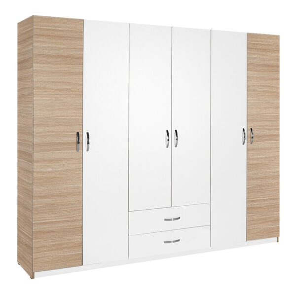 Dormie six-door wardrobe with drawers in white 206x52x213cm